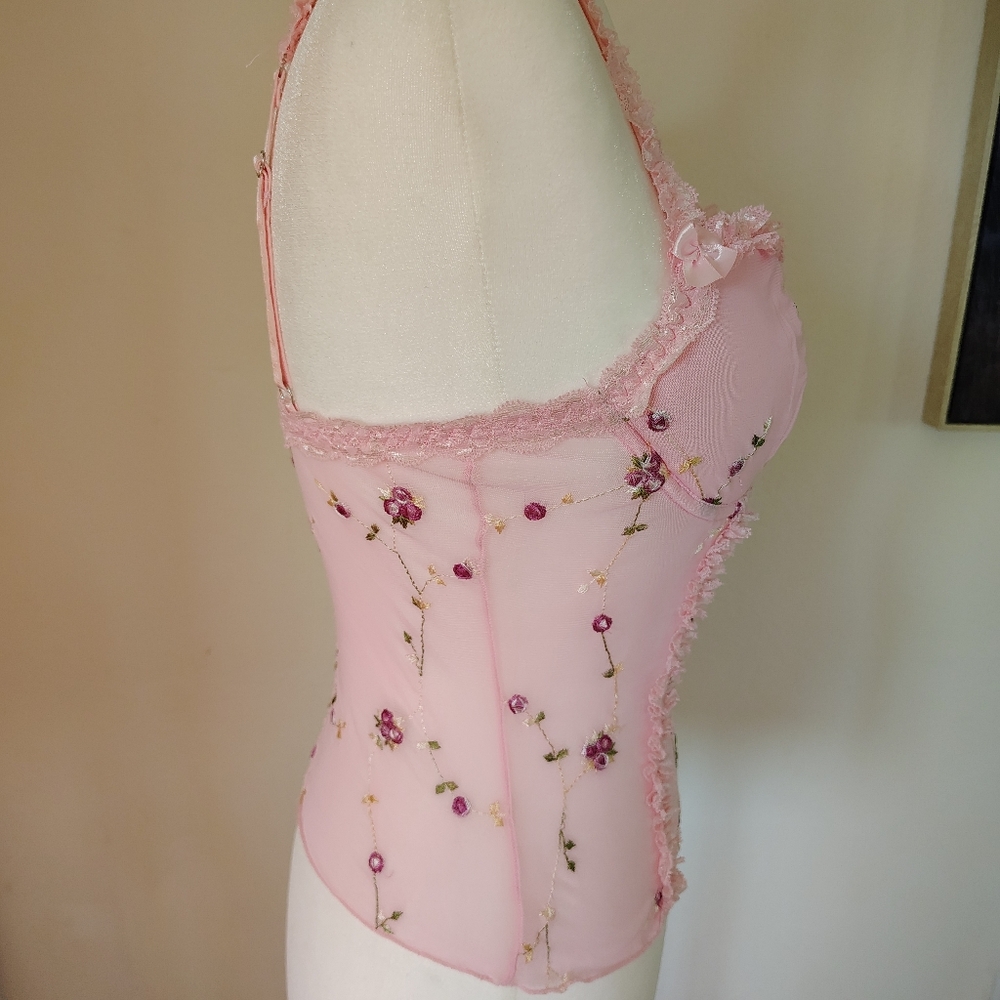 Dolls Kill Sugar Thrillz Pink Embroided, Lace Trim Corset Top - Picture 5 of 7